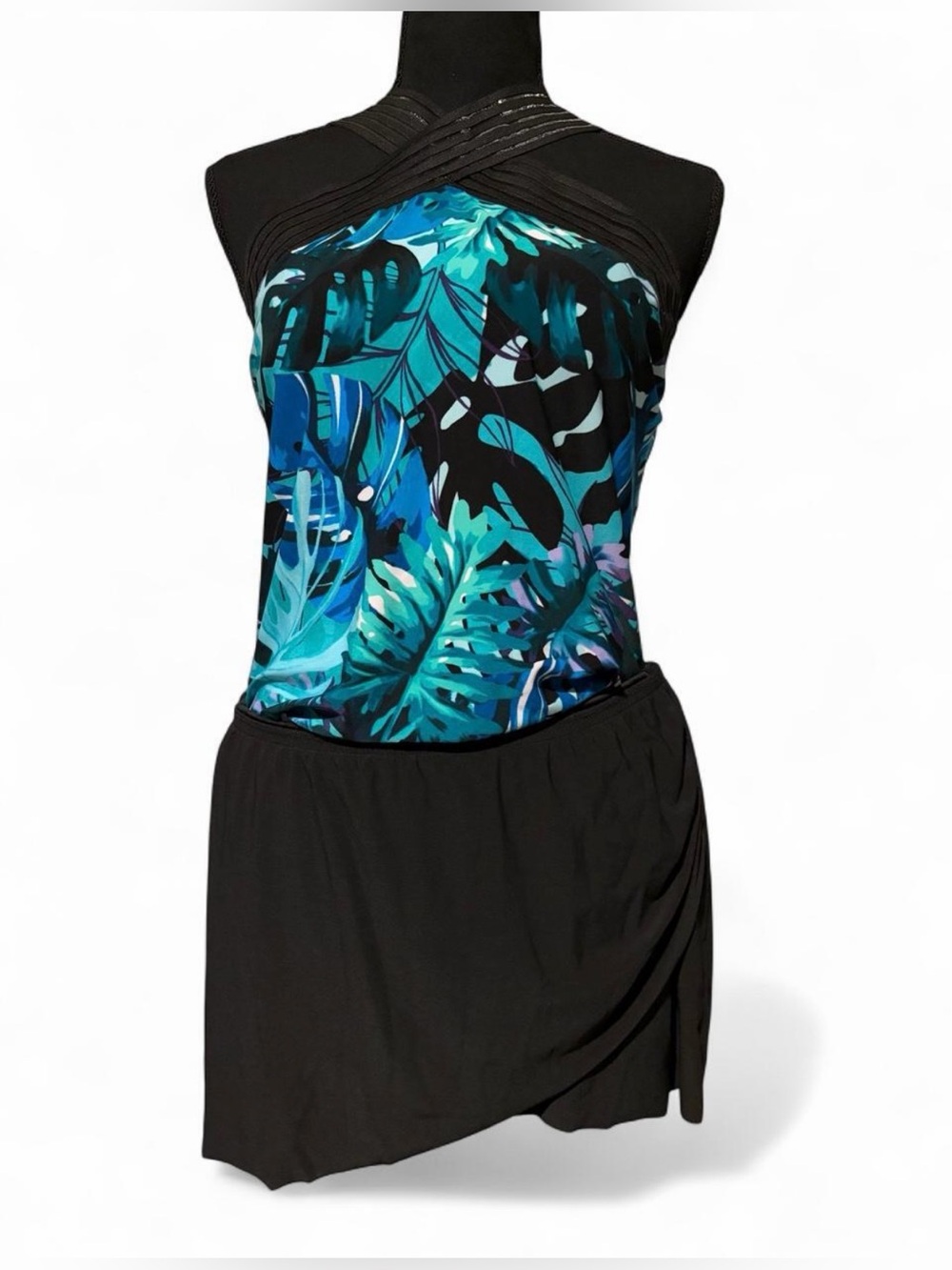 NWT✨Aqua Green Padded Multicolor Leaf Print Swimsuit Floral Tankini Top 2 Piece